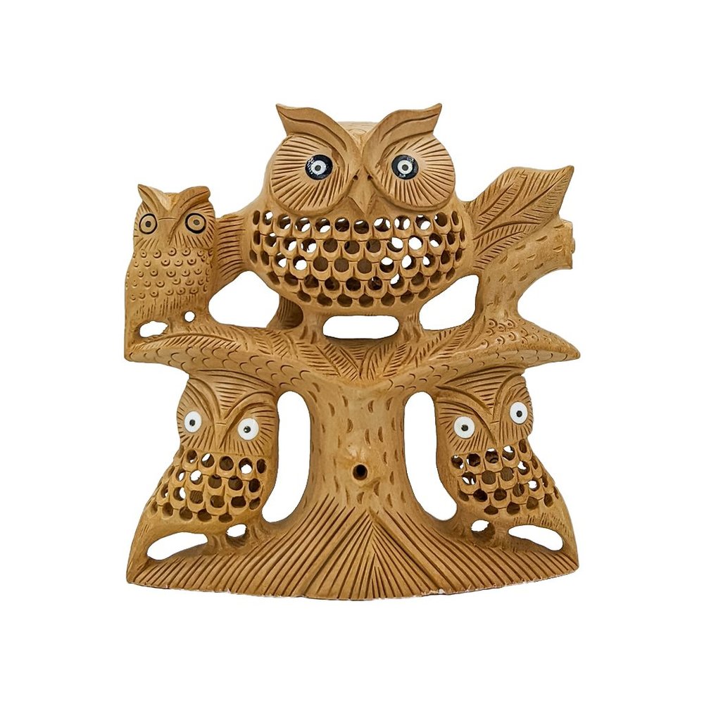 Handcrafted Wooden Owl Family On Tree (6inch)